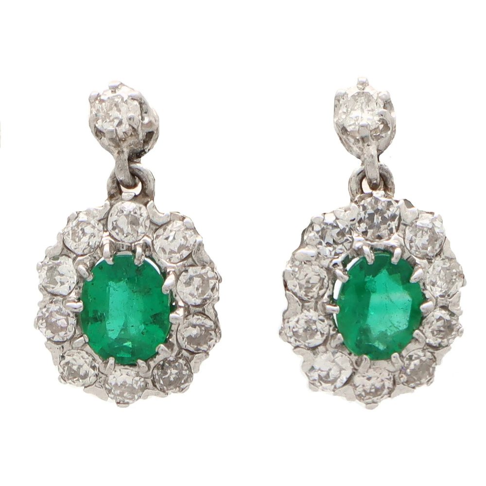 Vintage Emerald and Diamond Cluster Drop Earrings