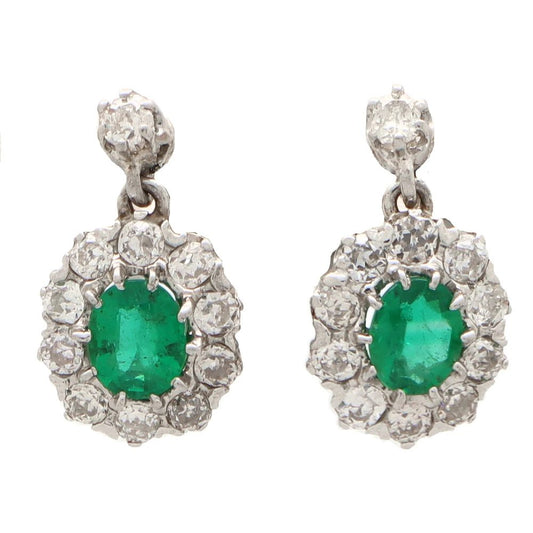 Vintage Emerald and Diamond Cluster Drop Earrings