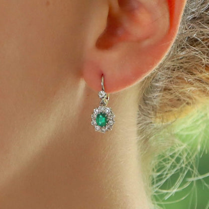 Vintage Emerald and Diamond Cluster Drop Earrings