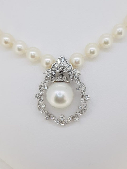 South Sea Pearl and Diamond Pendant Necklace; pendant features a South Sea pearl within a diamond-set floral surround, suspended from cultured pearl strung necklace