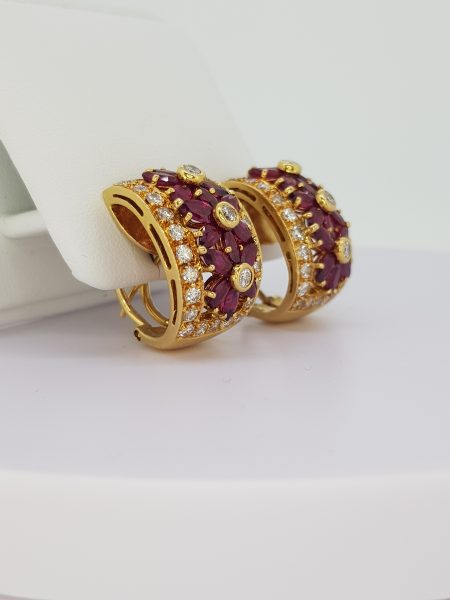 Vintage 1970s Ruby and Diamond Floral Creole Earrings in 18ct Yellow Gold