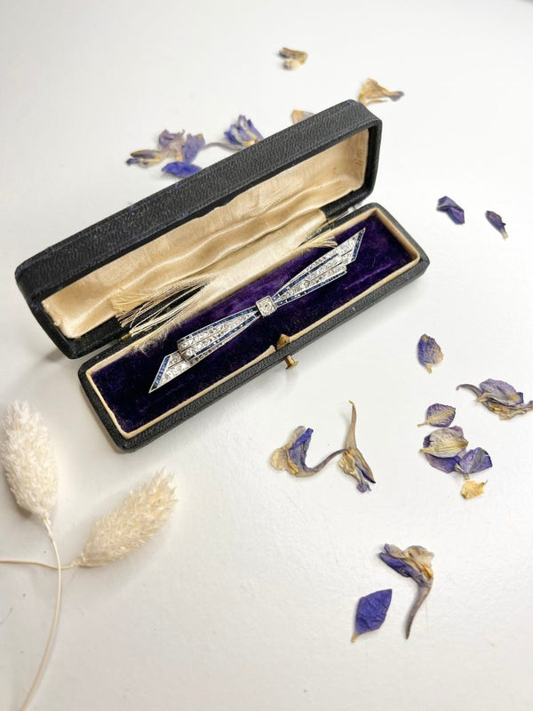 Antique Edwardian Platinum Bow Brooch with Diamond and Sapphires, Circa 1910