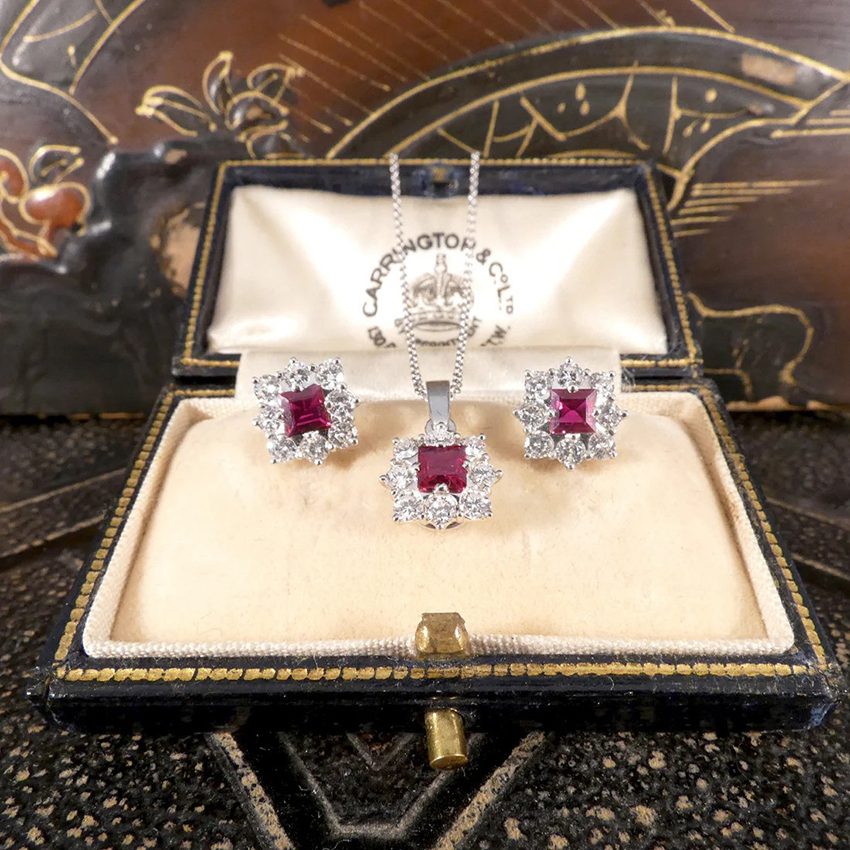 Vintage Ruby And Diamond Cluster Earrings and Necklace Set Suite in 18ct White Gold