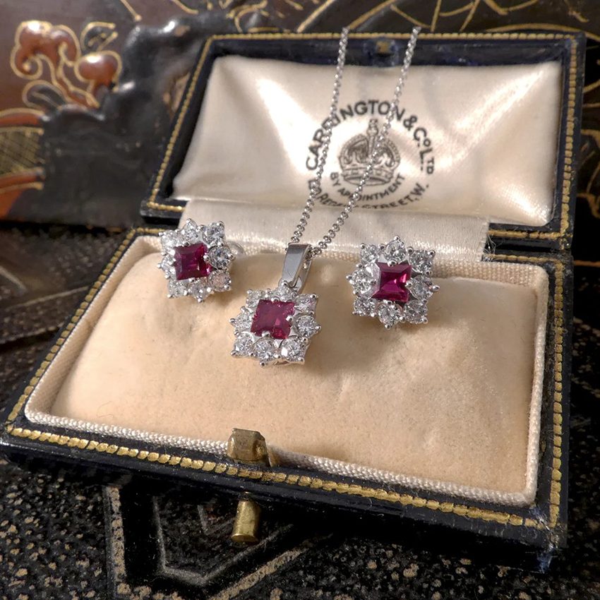 Vintage Ruby And Diamond Cluster Earrings and Necklace Set Suite in 18ct White Gold