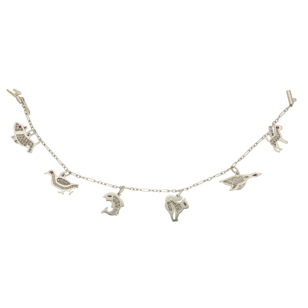 Vintage 1950s Animal Platinum Charm Bracelet with 1.03ct Diamonds and Rubies