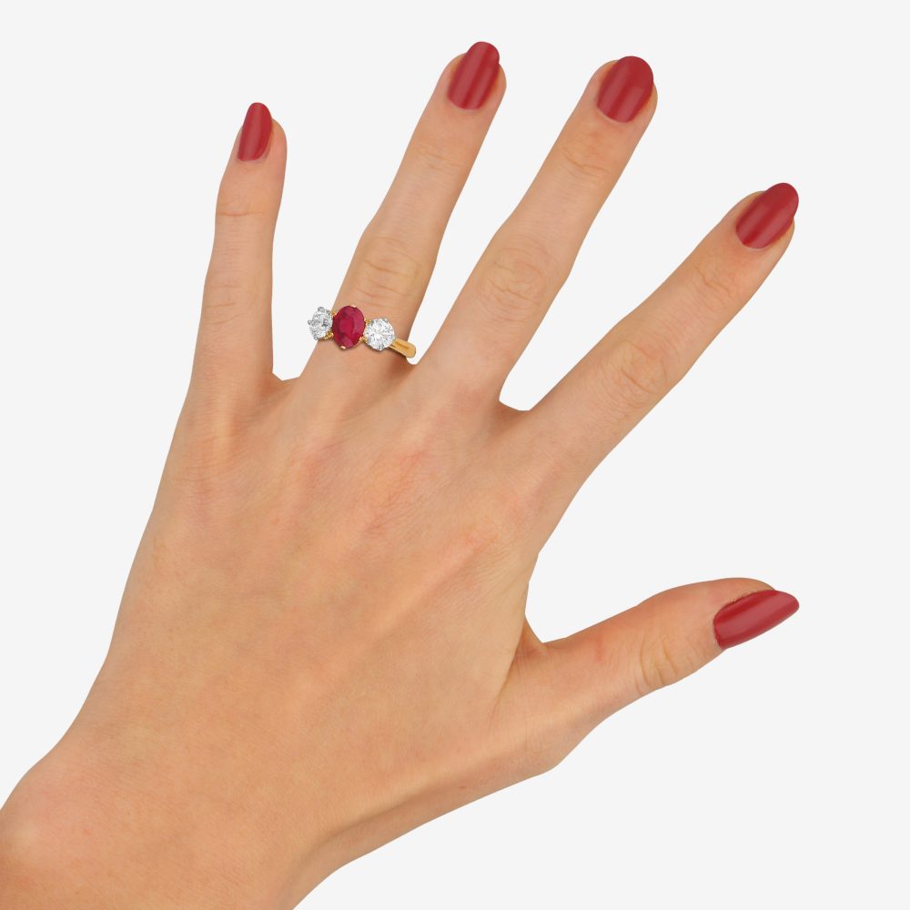 Ruby and Diamond Three-Stone Ring in Yellow Gold