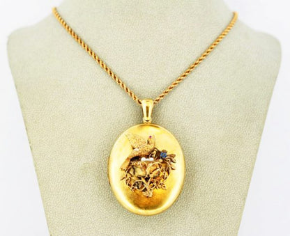 Victorian Locket Pendant, Bird Decoration with Pearls and Ruby, 15ct Gold