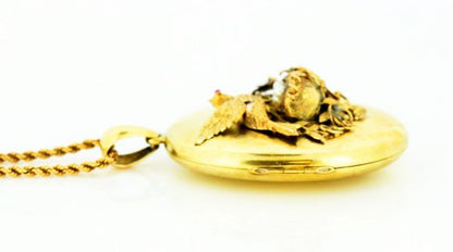 Victorian Locket Pendant, Bird Decoration with Pearls and Ruby, 15ct Gold